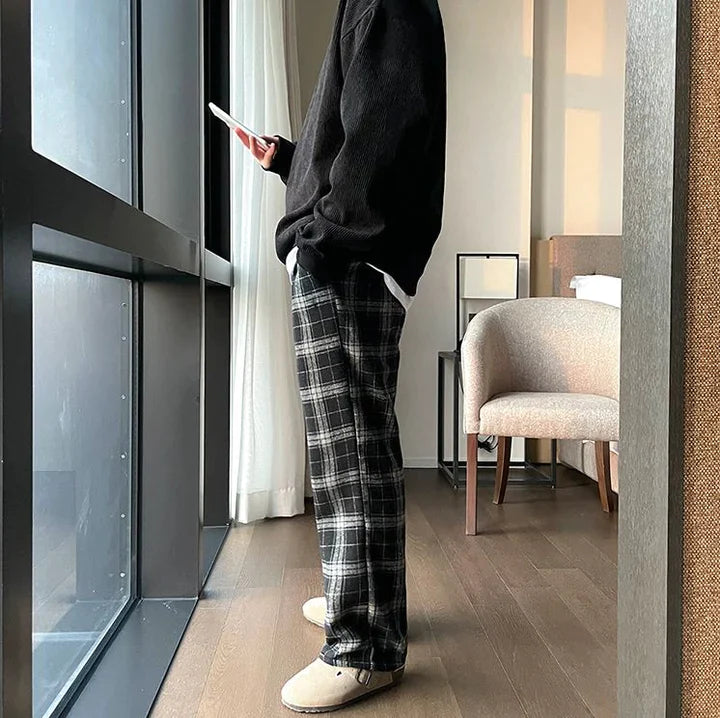 RT No. 5513 BLACK PLAID WIDE STRAIGHT CASUAL PANTS