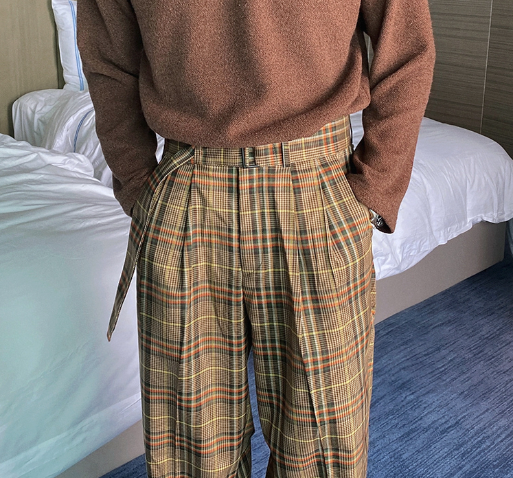 RT No. 4197 BROWN PLAID WIDE STRAIGHT PANTS