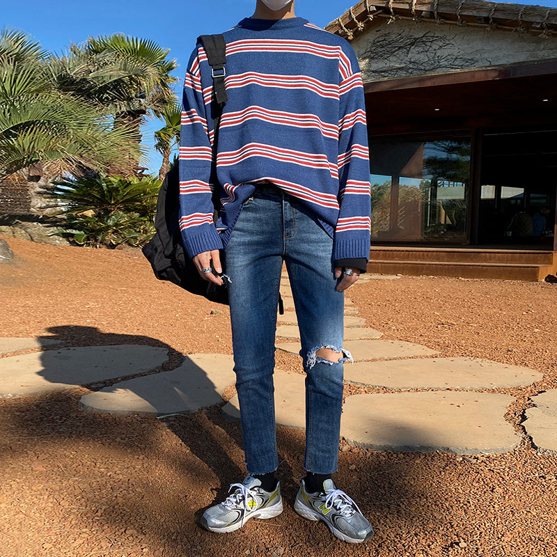 RT No. 3332 BLUE KNITTED STRIPED SWEATER