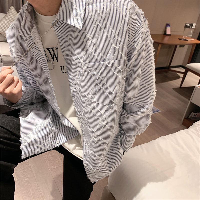 RT No. 5455 DISTRESSED DIAMOND STRIPED COLLAR SHIRT