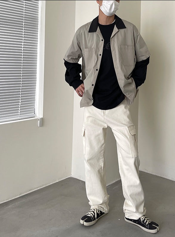 RT No. 4509 CREAM WIDE STRAIGHT CARGO JEANS