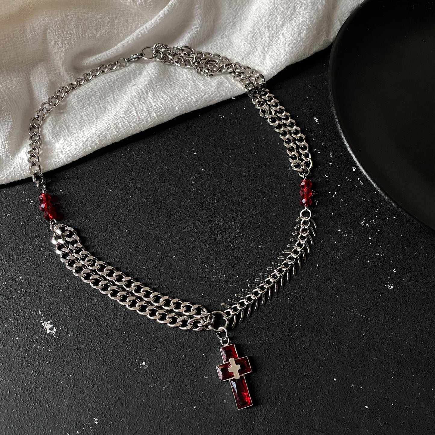 RED CROSS CHAIN FISHBONE NECKLACE