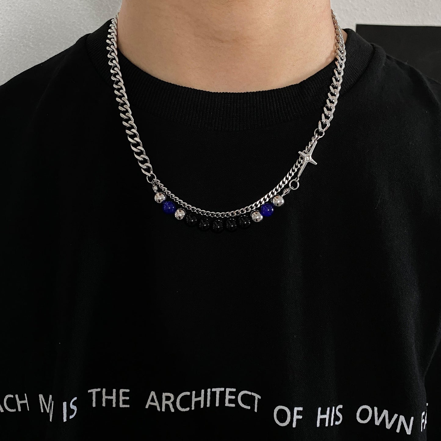 BLUE PEARL CROSS CHAIN NECKLACE