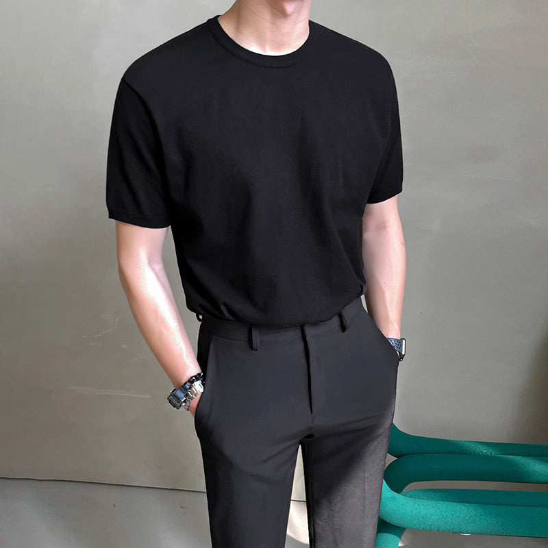 RT No. 4426 BLACK KNITTED ROUND NECK T-SHIRT